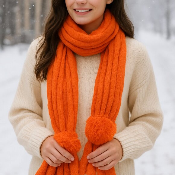 Cozy Bright Orange Knit Scarf with Pom Pom Ends - Picture 2 of 5